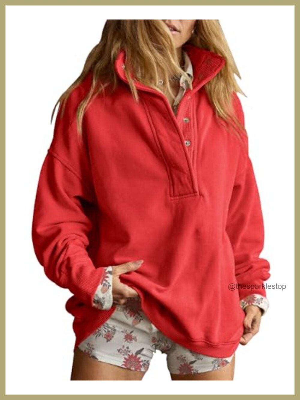 Oversized Henley Neck Pullover Sweatshirt Womens Cotton Blend Drop Shoulder